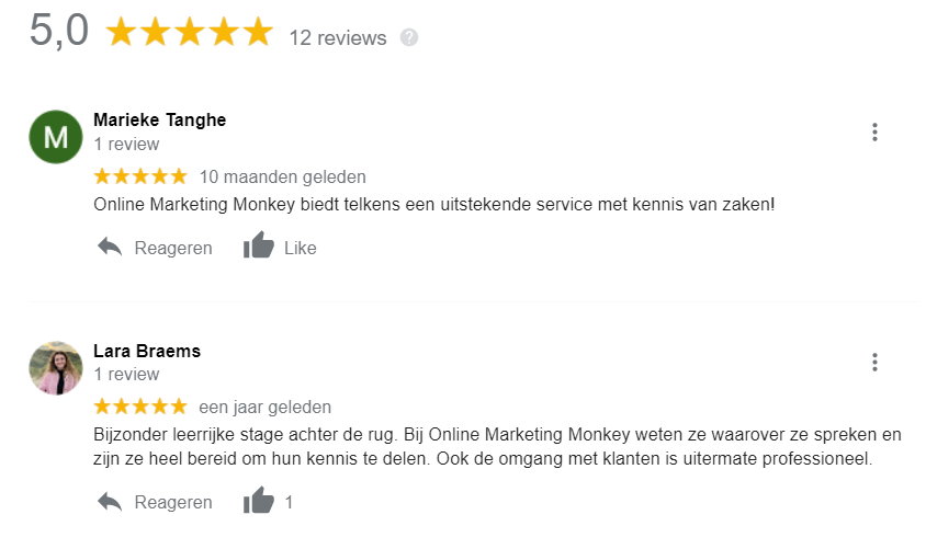 De Google reviews van Online Marketing Monkey
